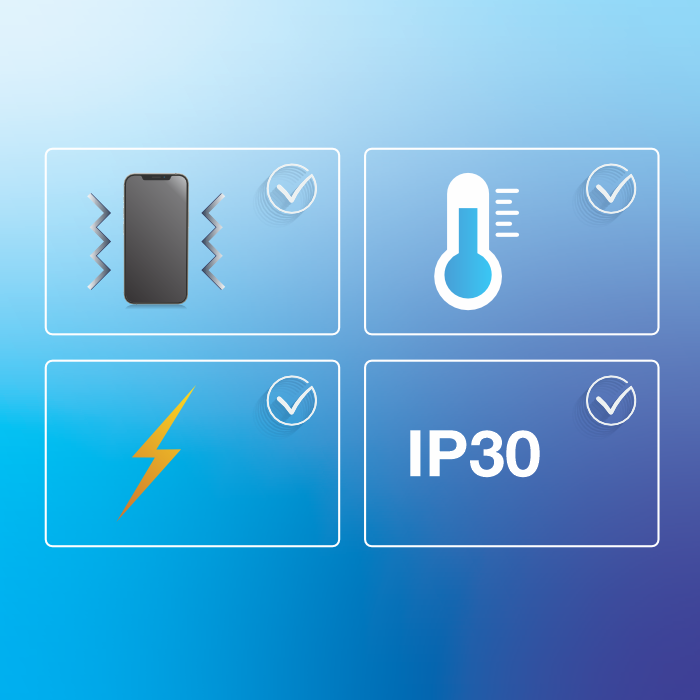 ícones de telefone, temperatura, relâmpago e IP30.