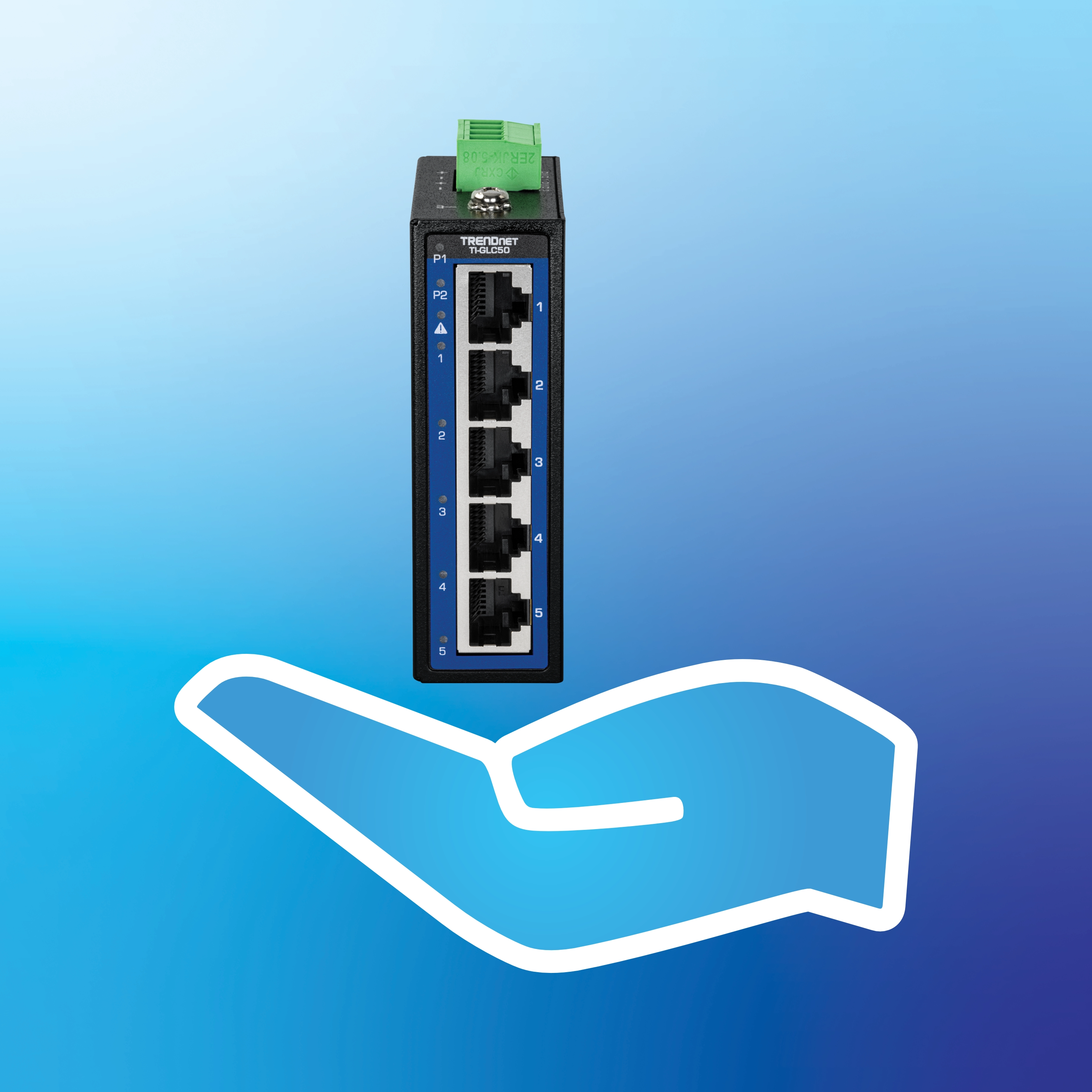 Network switch labeled TI-PG50 with five Ethernet ports and a green terminal block is shown above a stylized hand graphic, set against a blue gradient background to highlight its compact footprint and space-saving design.