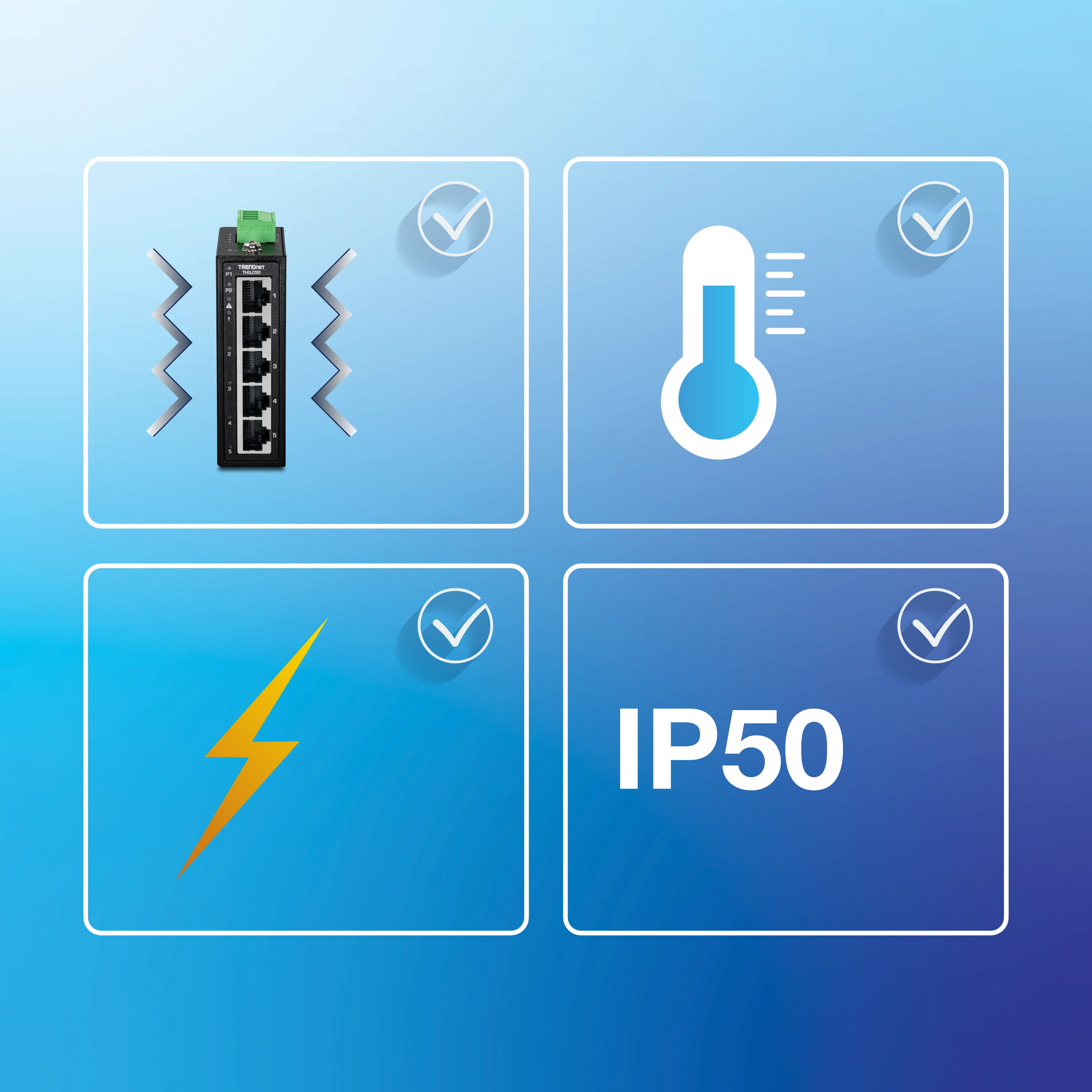 Four quadrants display device features with icons for vibration resistance, temperature tolerance, electrical protection, and IP50 dust protection, each marked with a check to indicate compliance.
