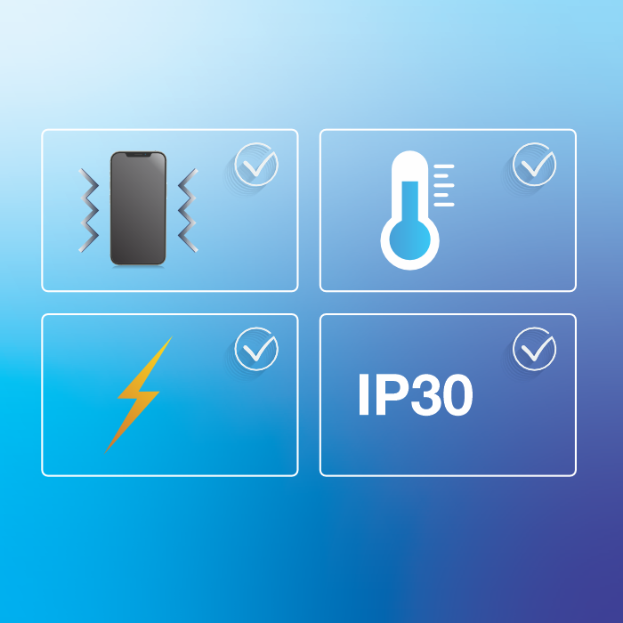 ícones de telefone, temperatura, relâmpago e IP30.