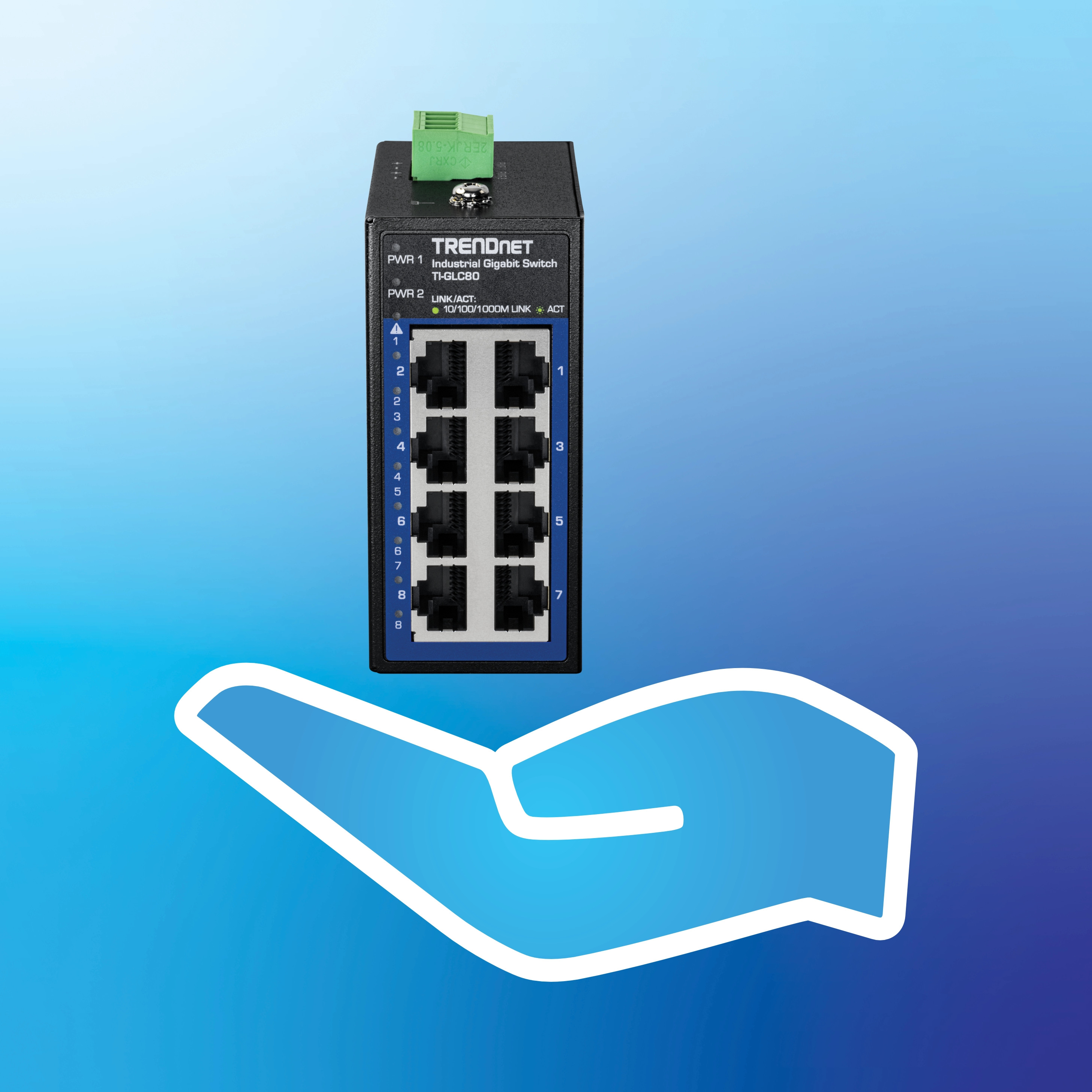 Network switch Ethernet ports and a green terminal block is shown above a stylized hand graphic, set against a blue gradient background to highlight its compact footprint and space-saving design.
