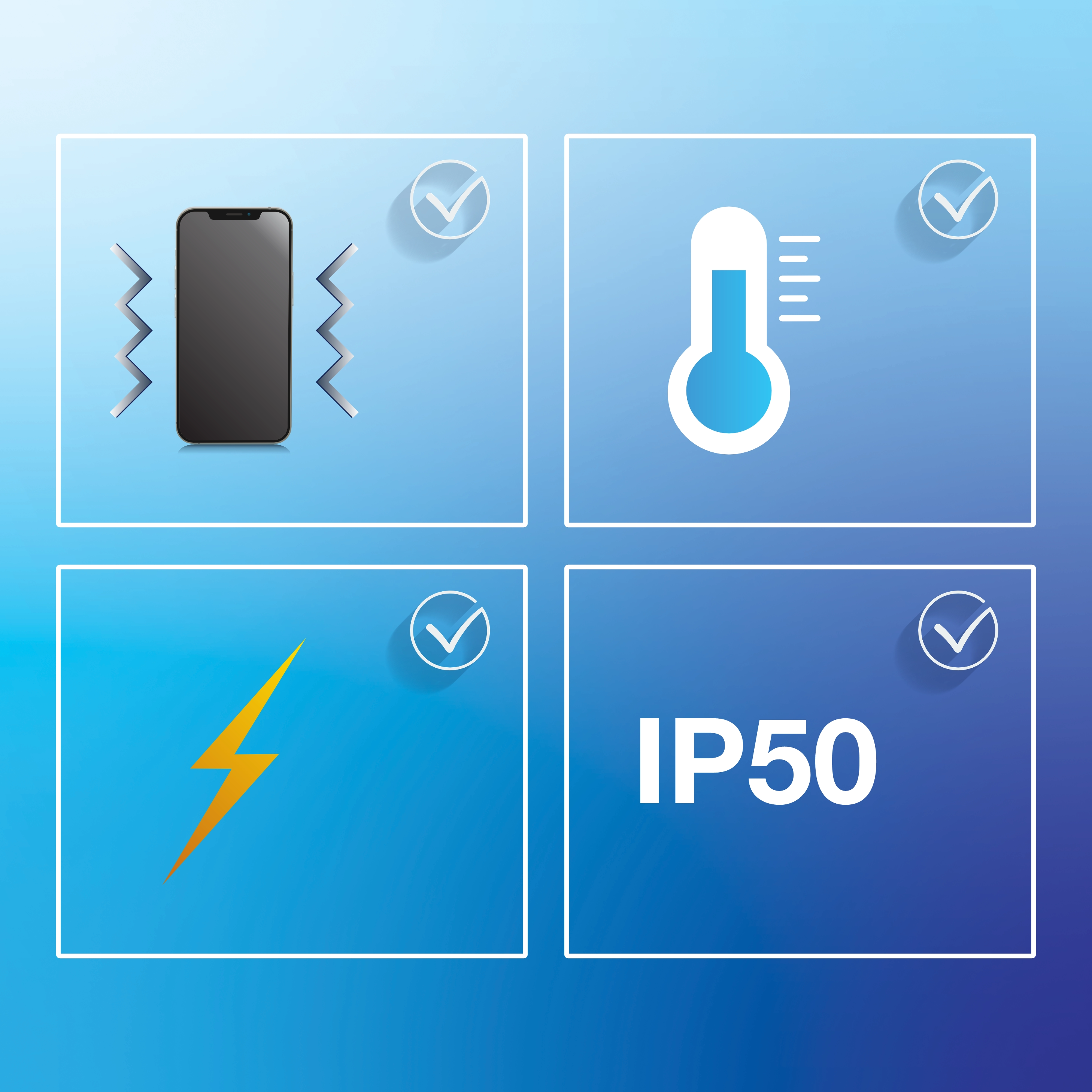 Four quadrants display icons representing different resistances. The top left shows a smartphone with lines indicating vibration resistance. The top right features a thermometer, suggesting temperature resistance. The bottom left presents a yellow lightning bolt for electrical resistance. The bottom right displays IP50, signifying a specific ingress protection level. The background is a blue gradient.