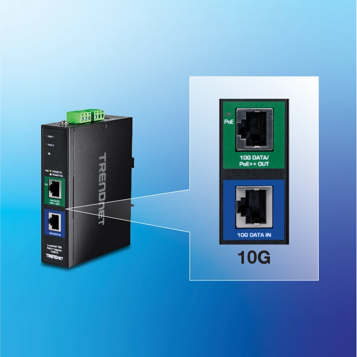 A TRENDnet device with two Ethernet ports labeled 10G DATA/PoE++ OUT and 10G DATA IN. The black casing features green and blue labels identifying the PoE and data input ports. Designed for high-speed data transfer and Power over Ethernet functionality.