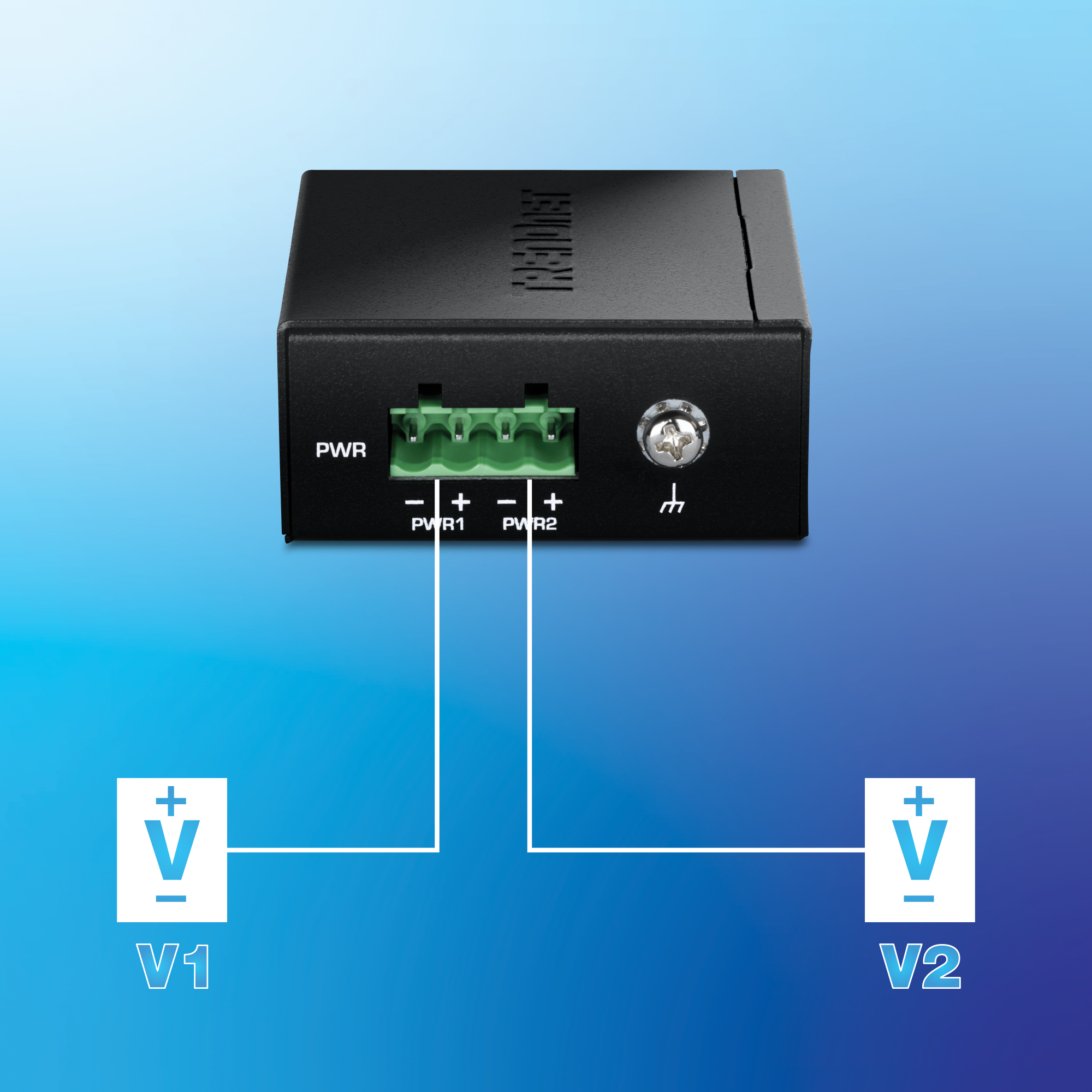 A TRENDnet device with redundant power inputs and an output alarm relay is shown. It has a black rectangular casing with the TRENDnet logo on top. On the front panel, there are two power input ports labeled PW1 and PW2, each rated at 1A@24V. Below these ports, there is a green terminal block with connections labeled V1+, V1-, V2+, and V2-. A red alarm relay indicator is below the terminal block.