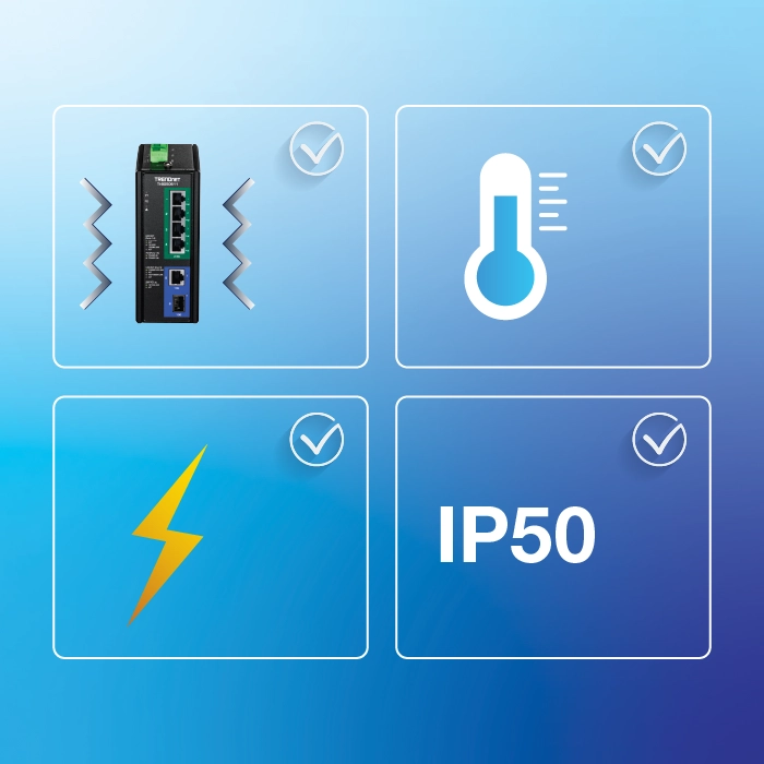 icons of phone, temperature, lightning & IP50.