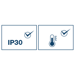 Graphic displaying two icons: temperature and IP30 rating.