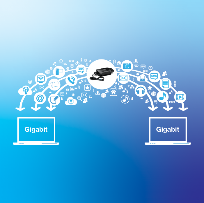 Two laptops labeled Gigabit are connected by a network of icons representing data and communication, including emails, messages, photos, music, and documents. An Outdoor IP67 Gigabit PoE++ Injector in the center facilitates data transfer between them. The background transitions from light blue to dark blue.