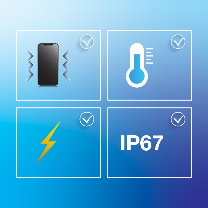 icons of phone, temperature, lightning & IP67.