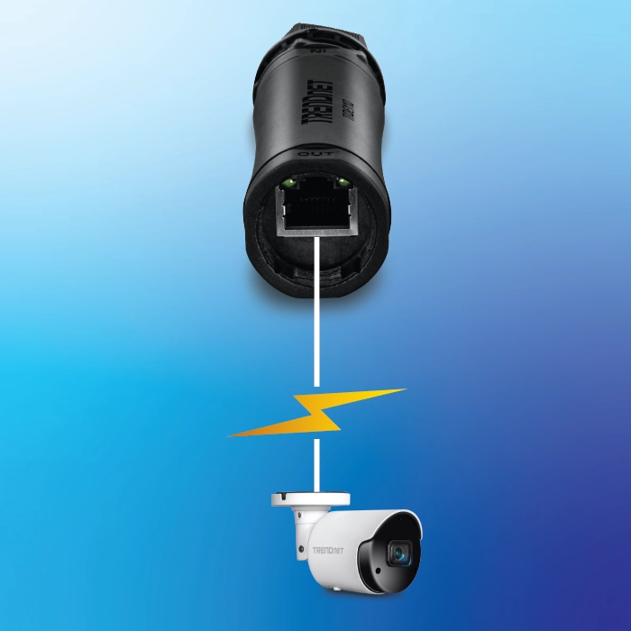 A cylindrical TRENDnet PoE extender features an Ethernet port labeled OUT, connected to a remote device through a network cable, illustrating its ability to extend PoE or PoE+ network connections up to 100 meters.