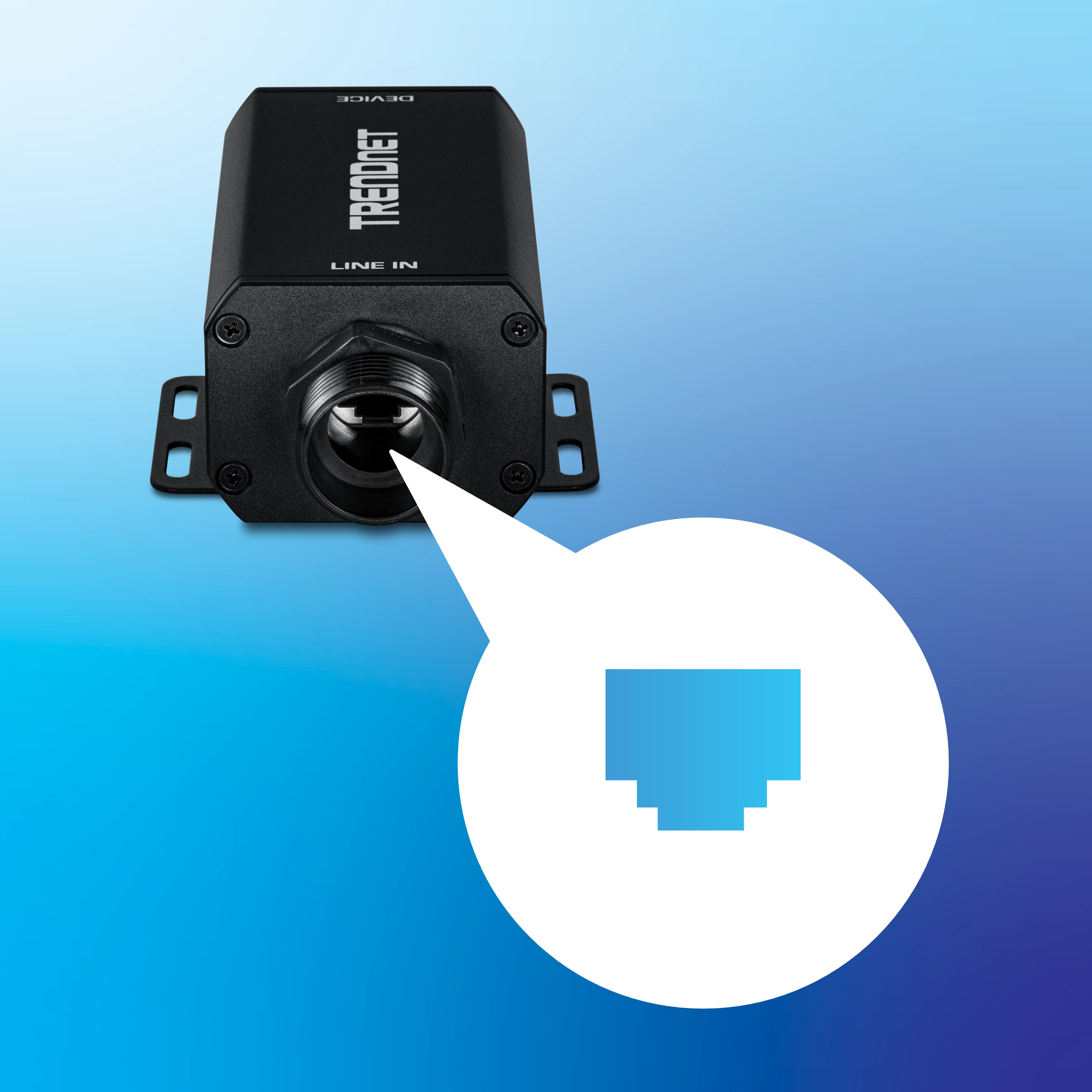 Black TRENDnet device with logo on top and a circular connector labeled LINE IN on the front. A magnified view highlights the Ethernet port symbol. Background features a blue gradient.