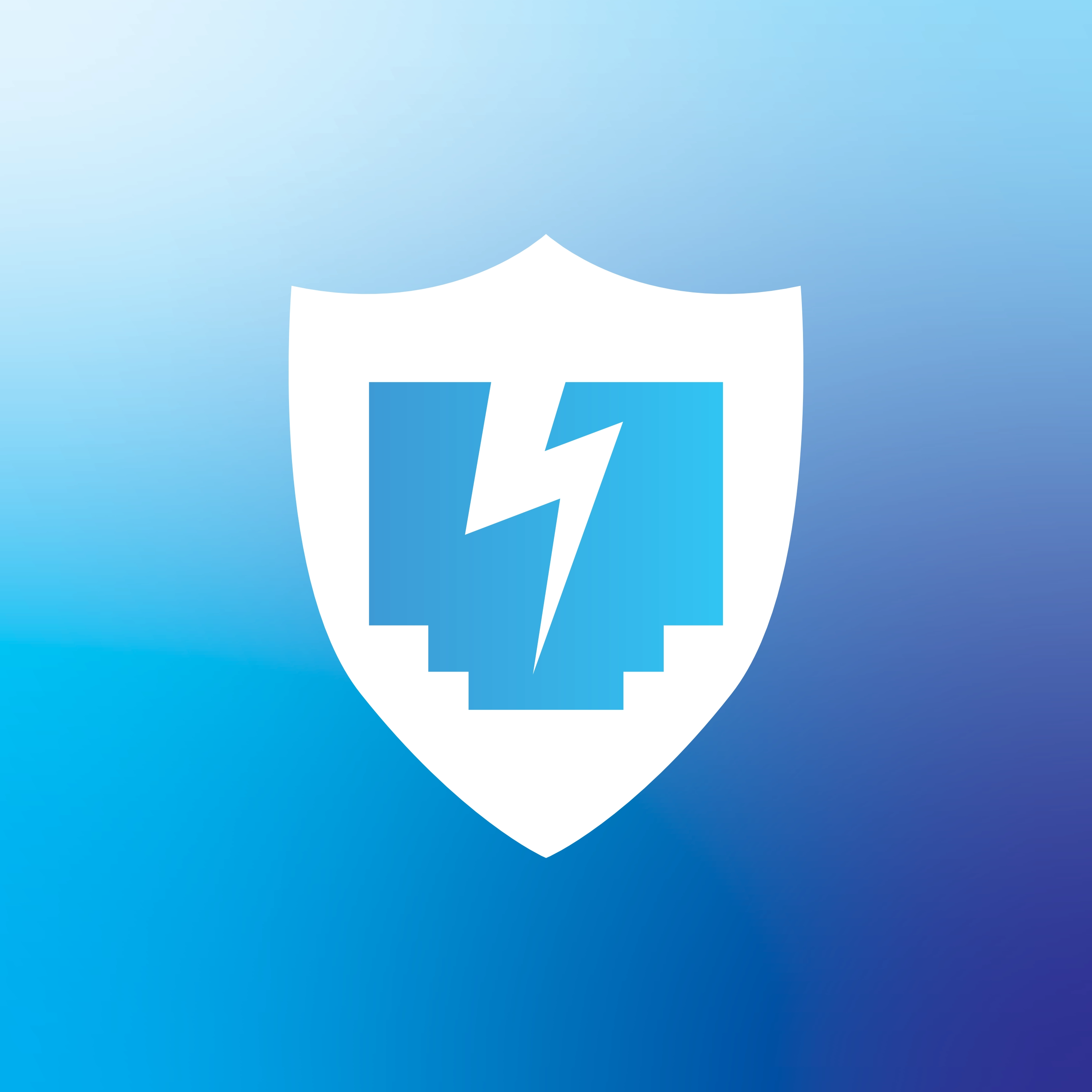 Shield-shaped emblem with a blue gradient background featuring a white outer border and a blue interior divided by a white lightning bolt, suggesting protection or electrical safety.