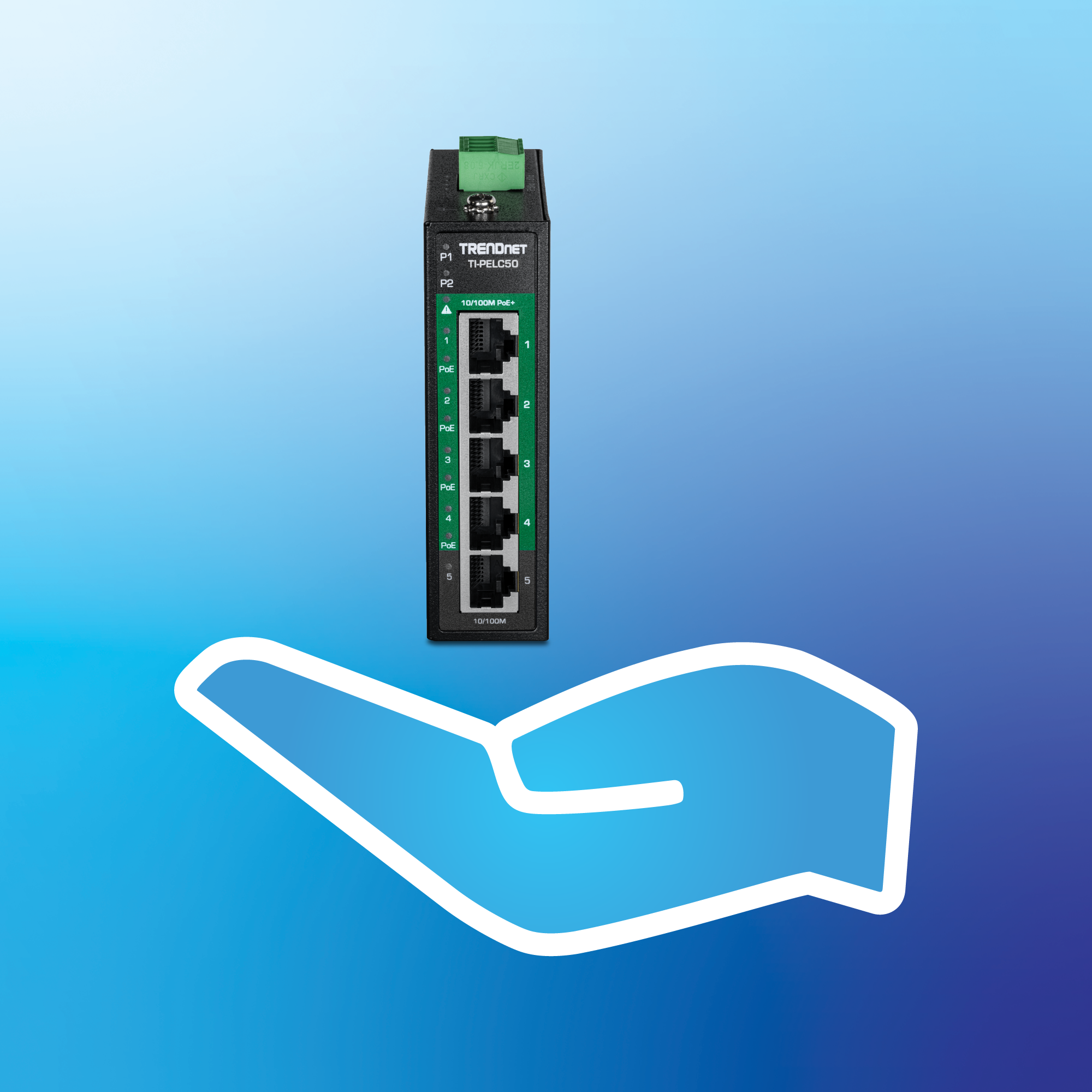 Industrial Ethernet switch labeled TRENDnet TI-PELC50 with five ports mounted above a stylized hand graphic on a blue gradient background. Ports 1 through 4 are marked with green PoE labels and support 10/100M PoE+ connectivity. Port 5 is labeled as a standard 10/100M Ethernet port. The hand graphic below suggests ease of use or support. Clean layout with emphasis on product labeling and functionality.