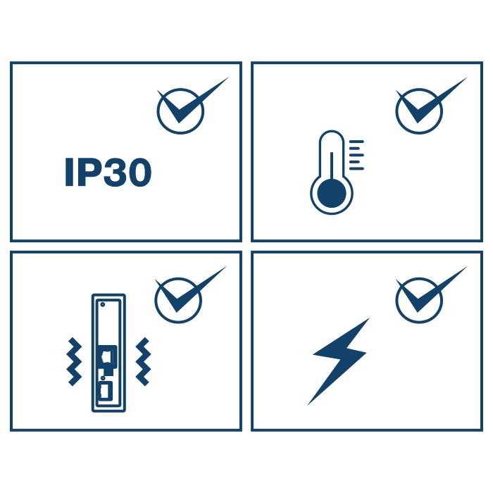 Gráfico con cuatro iconos: vibración, temperatura, choque y clasificación IP30.
