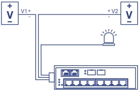 TI-PG102 connected to two external powers (v1 and v2) with alarm output