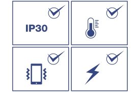 Four icons, each representing different features or protections, Device with Vibration Lines: indicates vibration or shock resistance, Thermometer: Signifies temperature resistance. Lightning Bolt: Represents electrical resistance or protection against electrical surges and Text “IP30”: Indicates a specific level of ingress protection (IP) rating against dust and water