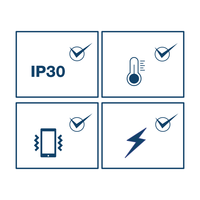 Graphic with four icons: vibration, temperature, shock, and IP30 rating.