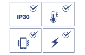 Cuatro iconos, cada uno representando diferentes características o protecciones. Dispositivo con líneas de vibración: indica resistencia a vibraciones o golpes. Termómetro: Significa resistencia a la temperatura. Rayo: Representa resistencia eléctrica o protección contra sobretensiones eléctricas. Texto IP30: Indica un nivel específico de protección contra el ingreso (IP) contra polvo y agua.