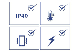 Four icons, each representing different features or protections, Device with Vibration Lines: indicates vibration or shock resistance, Thermometer: Signifies temperature resistance. Lightning Bolt: Represents electrical resistance or protection against electrical surges and Text IP40: Indicates a specific level of ingress protection (IP) rating against dust and water