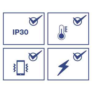 Four icons, each representing different features or protections, Device with Vibration Lines: indicates vibration or shock resistance, Thermometer: Signifies temperature resistance. Lightning Bolt: Represents electrical resistance or protection against electrical surges and Text “IP30”: Indicates a specific level of ingress protection (IP) rating against dust and water