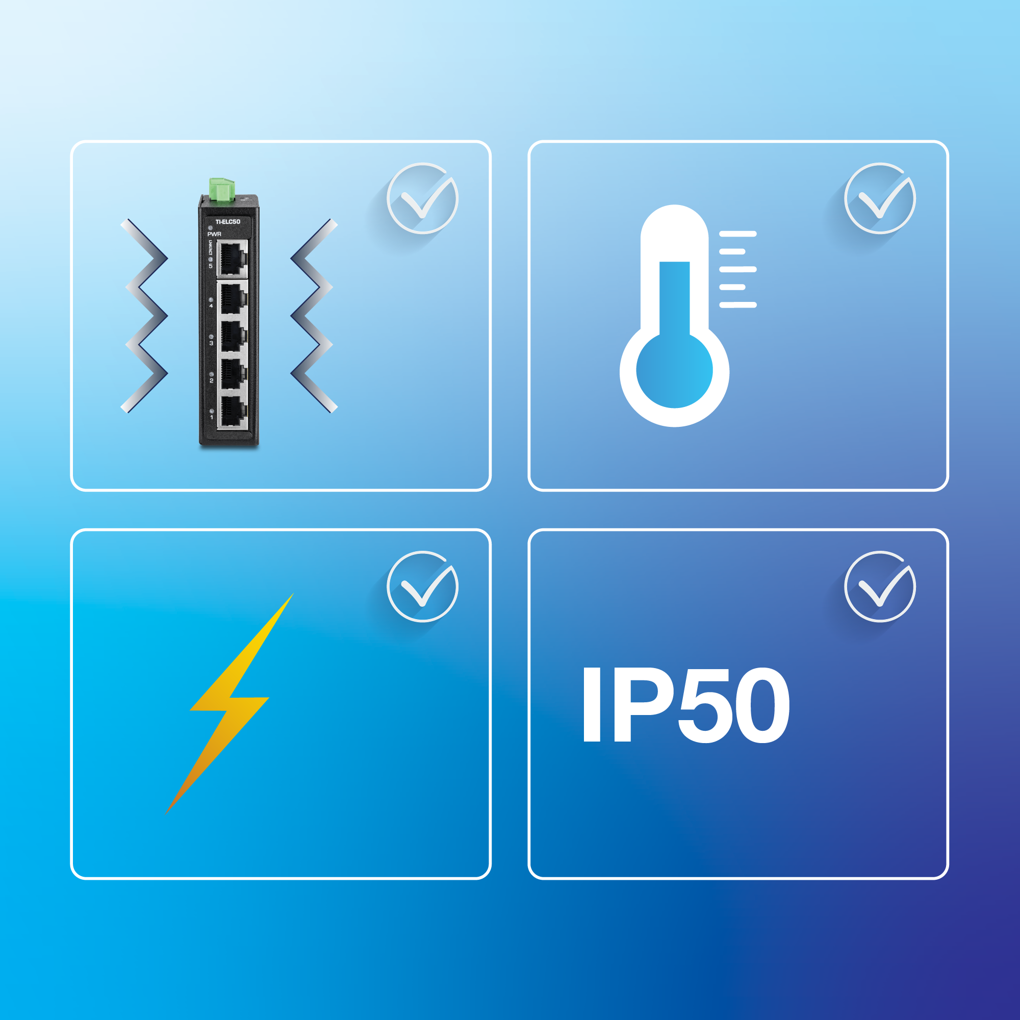 Cuatro cuadrantes muestran las características del dispositivo con iconos de resistencia a las vibraciones, tolerancia a la temperatura, protección eléctrica y protección contra el polvo IP50, cada uno marcado con una marca de verificación para indicar el cumplimiento.