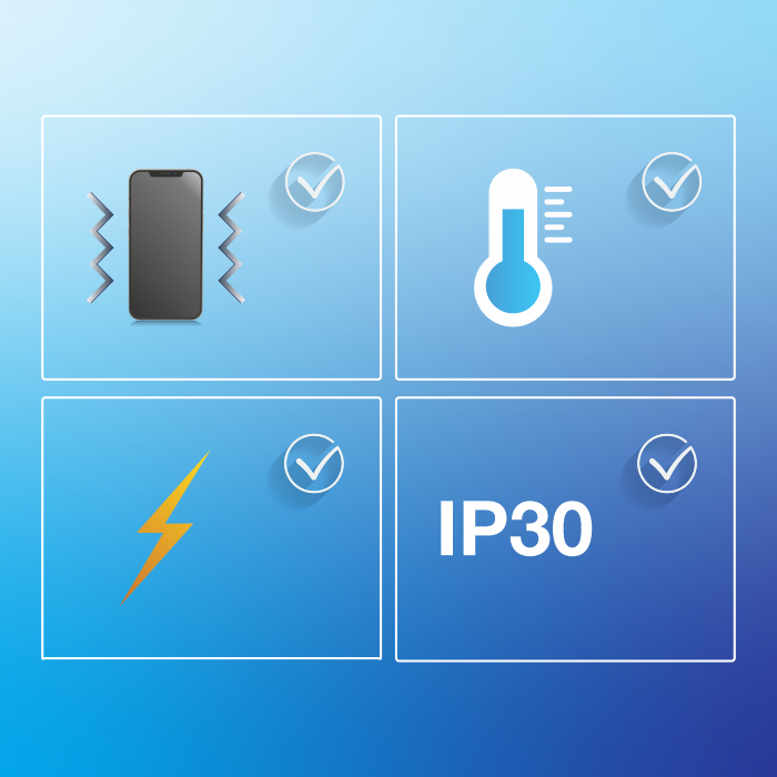 Graphic with four icons: vibration, temperature, shock, and IP30 rating.