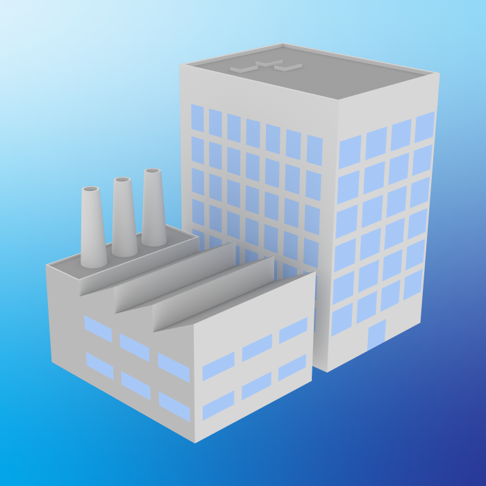 3D model of a factory building with large windows, representing industrial architecture.