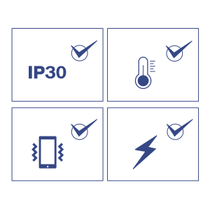 Graphic with four icons: vibration, temperature, shock, and IP30 rating.