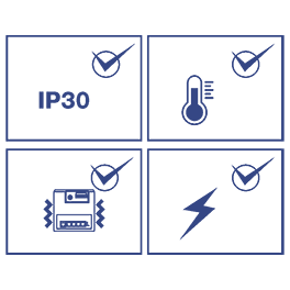four icons, each representing different features or protections, Vibration Lines: This indicates vibration or shock resistance, Thermometer: Signifies temperature resistance. Lightning Bolt: Represents electrical resistance or protection against electrical surges and Text IP30: Indicates a specific level of ingress protection (IP) rating against dust and water.