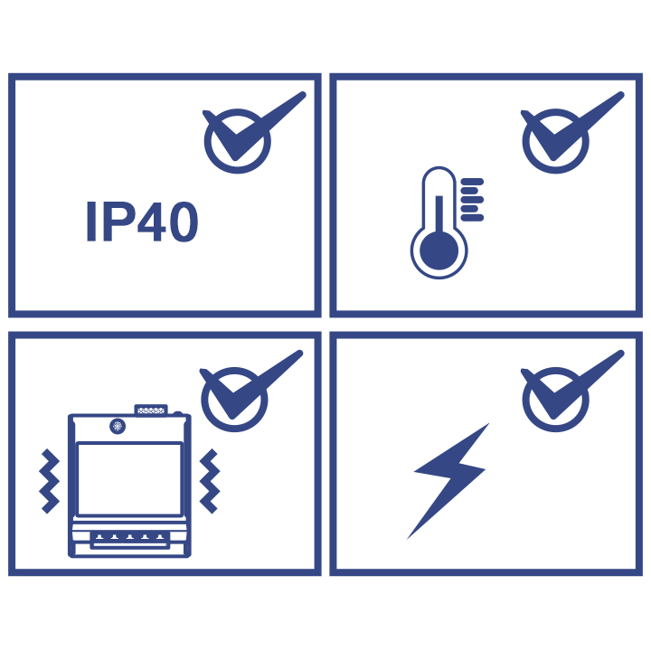four icons, each representing different features or protections, Vibration Lines: This indicates vibration or shock resistance, Thermometer: Signifies temperature resistance. Lightning Bolt: Represents electrical resistance or protection against electrical surges and Text IP40: Indicates a specific level of ingress protection (IP) rating against dust and water.