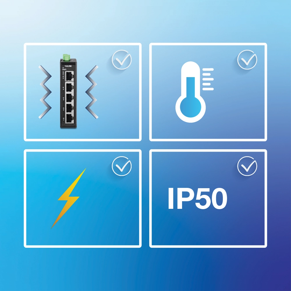 Four sections display icons with checkmarks highlighting device features. Top left shows a network switch with zigzag lines for vibration resistance. Top right features a thermometer for temperature resistance. Bottom left presents a lightning bolt for electrical protection. Bottom right displays IP50 indicating ingress protection rating.