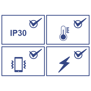 Graphic with four icons: vibration, temperature, shock, and IP30 rating.
