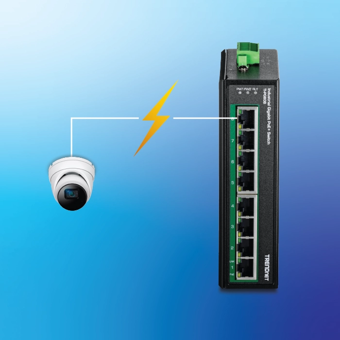A security camera is connected to a network switch labeled TRENDnet, which has 8 ports, one of which is connected to the camera. A yellow lightning bolt symbol indicates the use of Power over Ethernet technology
