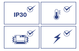 four icons, each representing different features or protections, Vibration Lines: This indicates vibration or shock resistance, Thermometer: Signifies temperature resistance. Lightning Bolt: Represents electrical resistance or protection against electrical surges and Text IP30: Indicates a specific level of ingress protection (IP) rating against dust and water.