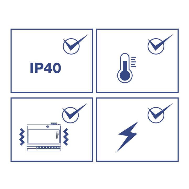 four icons, each representing different features or protections, Smartphone with Vibration Lines: This indicates vibration or shock resistance, Thermometer: Signifies temperature resistance. Lightning Bolt: Represents electrical resistance or protection against electrical surges and Text “IP40”: Indicates a specific level of ingress protection (IP) rating against dust and water.
