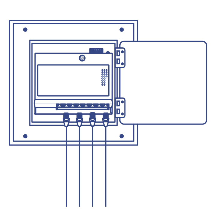 TI-PG80F 8-Port Industrial Gigabit PoE+ Wall-Mounted Front Access mounted to a network cabinet showcasing its flat and compact size ideal where space is limited