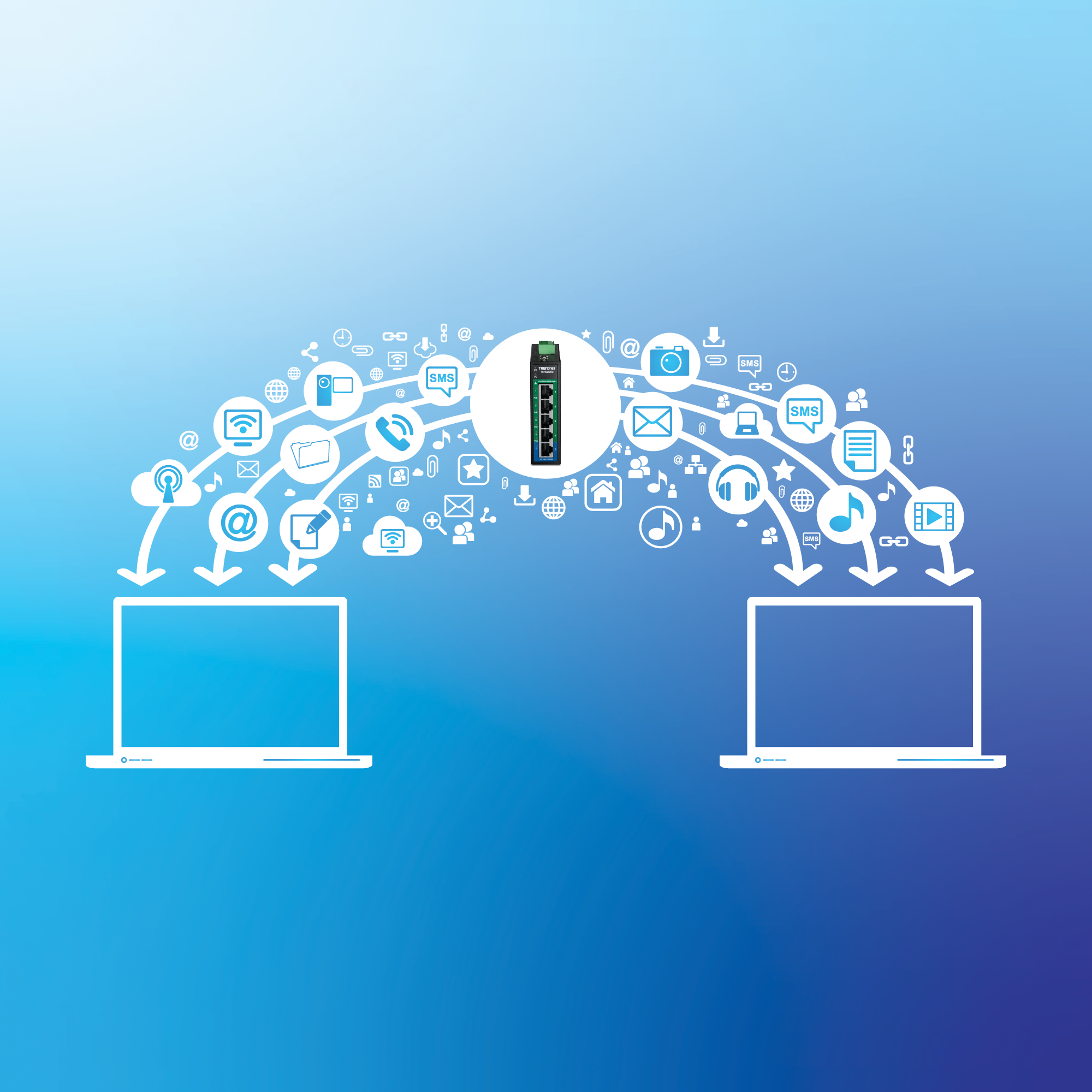 Konzeptionelle Darstellung der Datenübertragung zwischen zwei Laptops, die an einen Top-Center-Netzwerkswitch angeschlossen sind, mit Richtungspfeilen, die den Fluss anzeigen. Verschiedene Symbole für E-Mail, Cloud-Speicher, Musik, Video, Dokumente und soziale Medien gruppieren sich um den Schalter und entlang der Pfeile. Blauer Farbverlauf mit klarer, moderner digitaler Ästhetik.