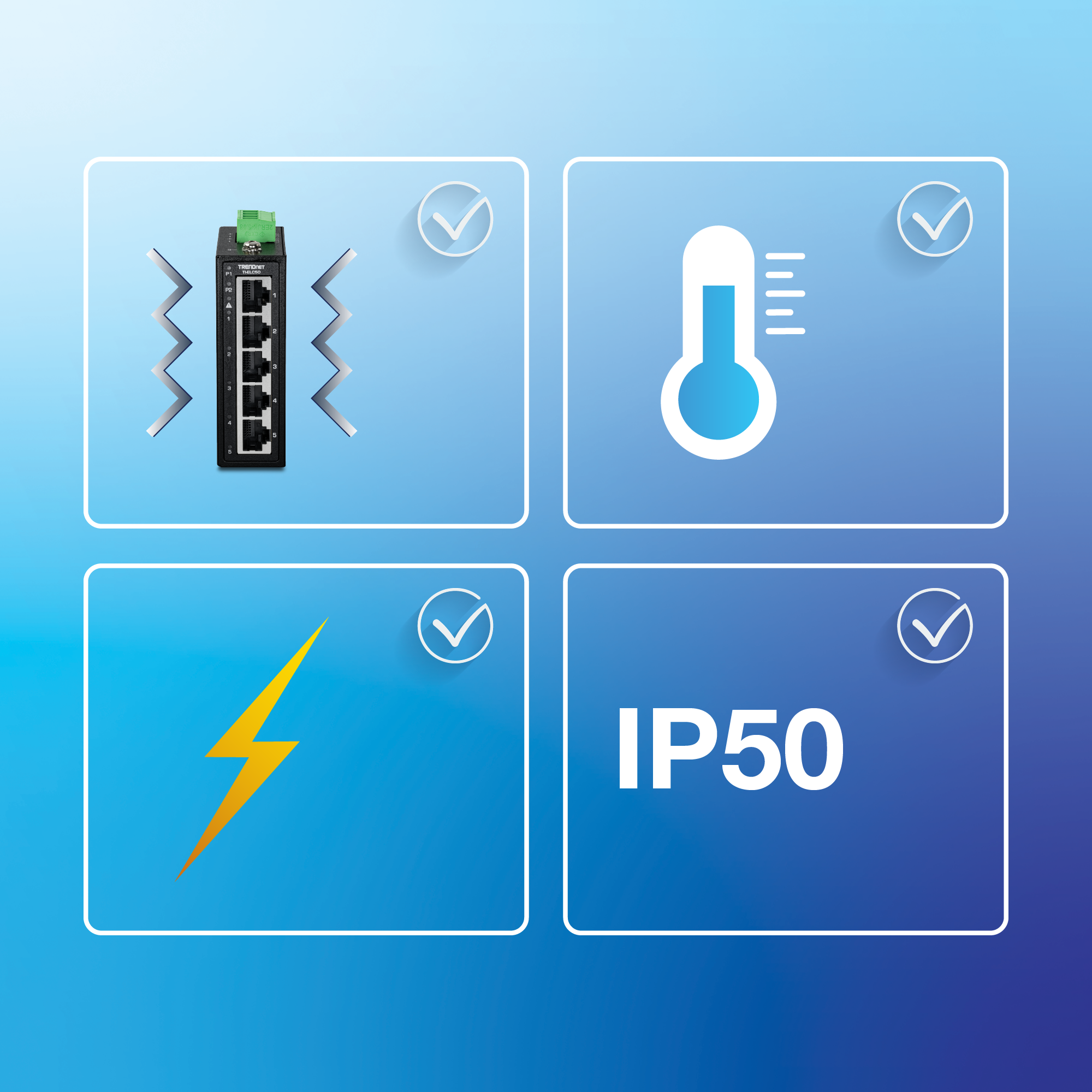 Four-quadrant layout showcasing device features with checkmarks in each quadrant. Top-left shows an Ethernet switch flanked by vibration waves indicating vibration resistance. Top-right displays a thermometer icon indicating wide temperature tolerance. Bottom-left features a yellow lightning bolt indicating electrical or surge protection. Bottom-right shows text IP50 indicating limited dust protection and no water protection. Blue background with white panels and clean industrial style.