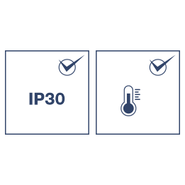 Dos iconos, Texto “IP30”: Indica un nivel específico de protección contra la entrada (IP) contra el polvo y el agua y el icono del termómetro significa resistencia a la temperatura.