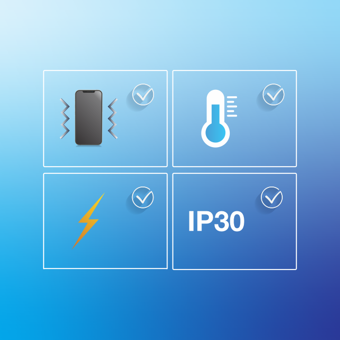 Quatro símbolos: um smartphone com linhas de vibração em ambos os lados, indicando resistência a vibrações ou choques, um termômetro, significando resistência à temperatura, um raio, representando resistência elétrica ou proteção contra surtos elétricos, e o texto IP30, que indica um nível específico de proteção contra a entrada (IP) contra poeira e água.