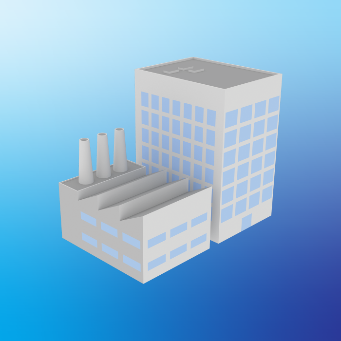 Dois edifícios, um edifício de design industrial e um edifício corporativo de grande altura.
