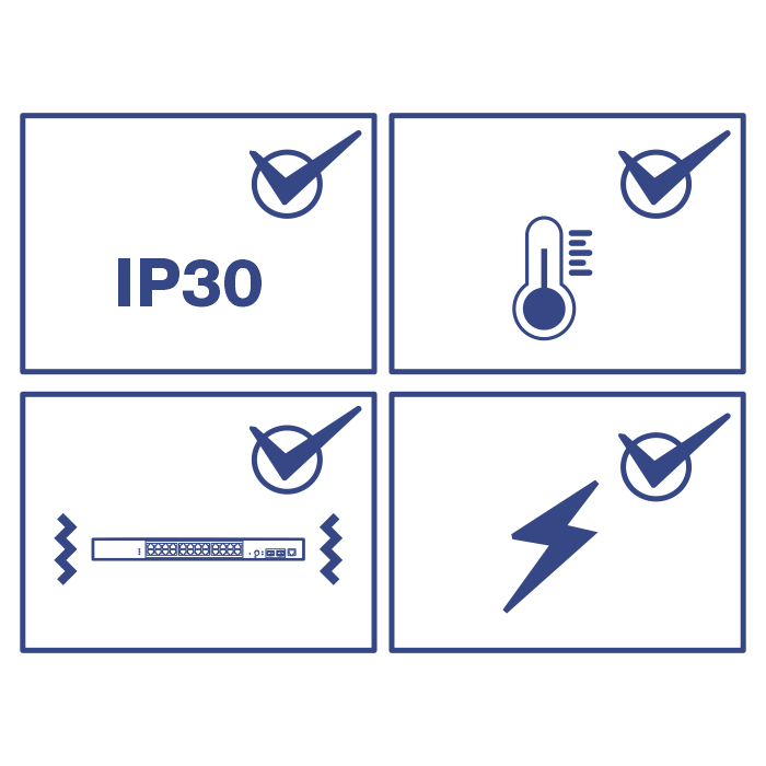 Imagem em linha com quatro símbolos representando IP30, vibração, choque elétrico e temperatura.