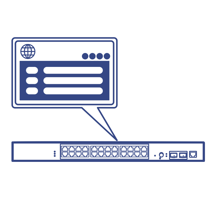 Imagem em linha do TI-RP262i 26-Port Industrial Gigabit L2 Managed PoE+ Rackmount Switch e um balão de fala mostrando uma tela com uma representação de sua interface de gerenciamento web.