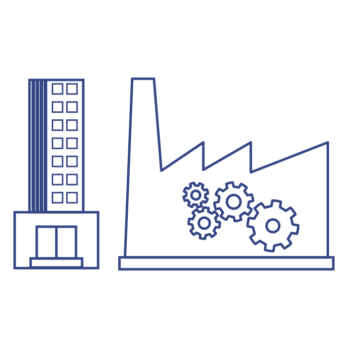 Arte de linha de um edifício industrial alto com ícones de engrenagem, representando várias aplicações industriais.