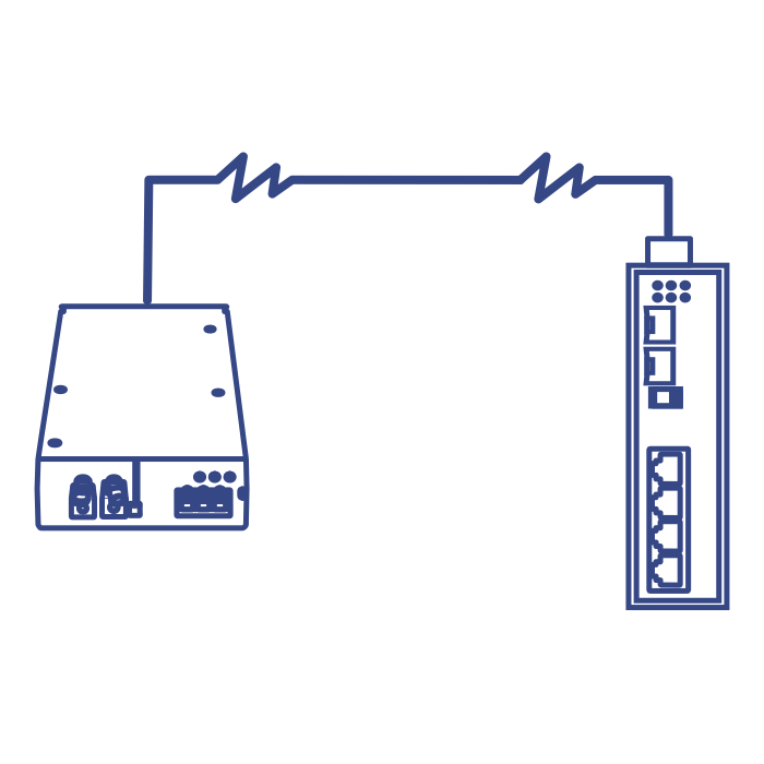 Arte de linha de uma fonte de alimentação conectada a um switch de rede, com uma linha em zigue-zague representando energia.