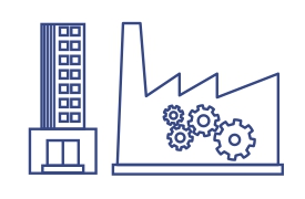Arte de linha de um edifício industrial alto com ícones de engrenagem, representando várias aplicações industriais.