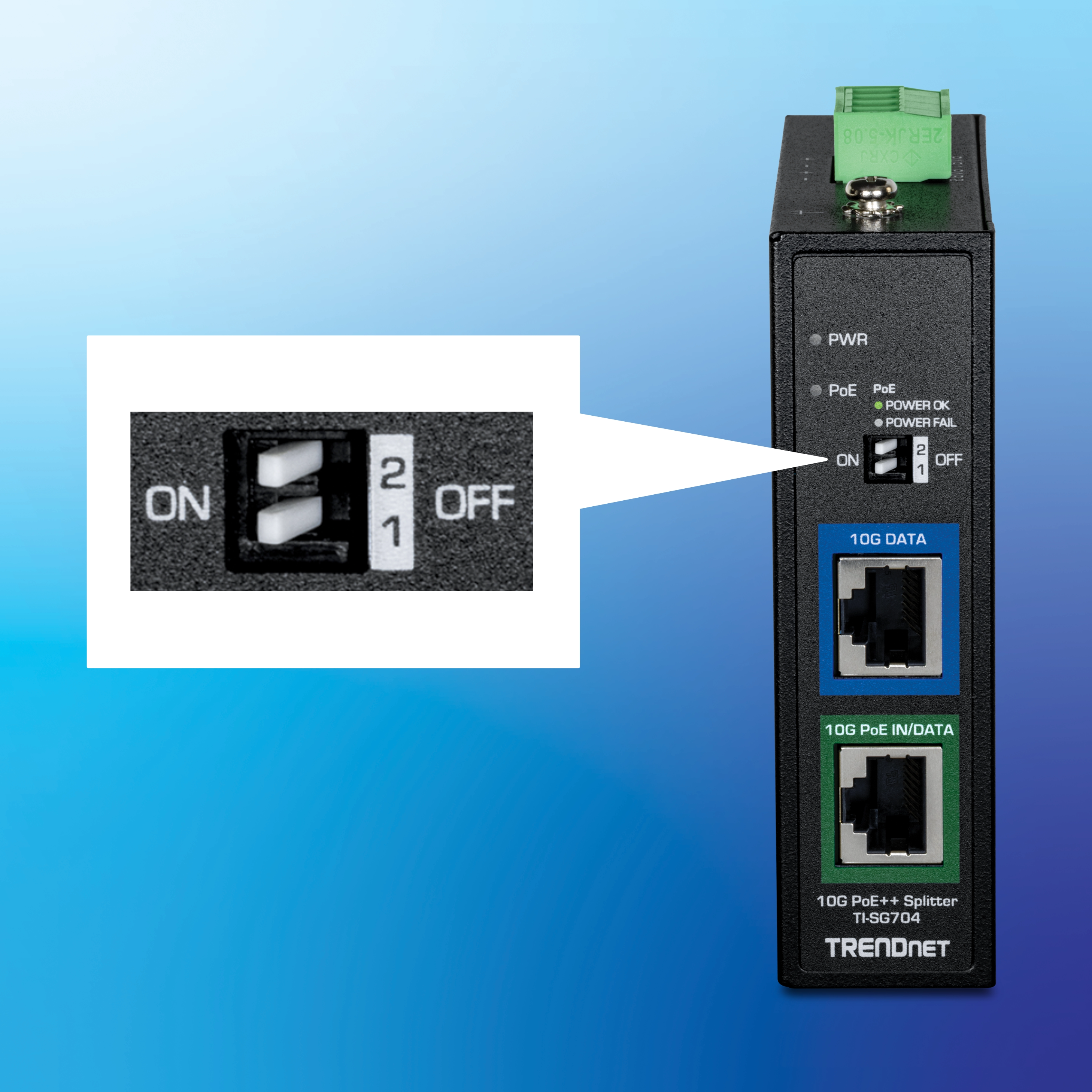 TRENDnet 10G PoE++ Splitter model TI-SG704 with green terminal block connector at the top, LED indicators labeled PWR and PoE, switch with positions ON, 2, 1, and OFF, and two Ethernet ports labeled 10G DATA and 10G PoE IN/DATA. Close-up inset highlights the switch positions.