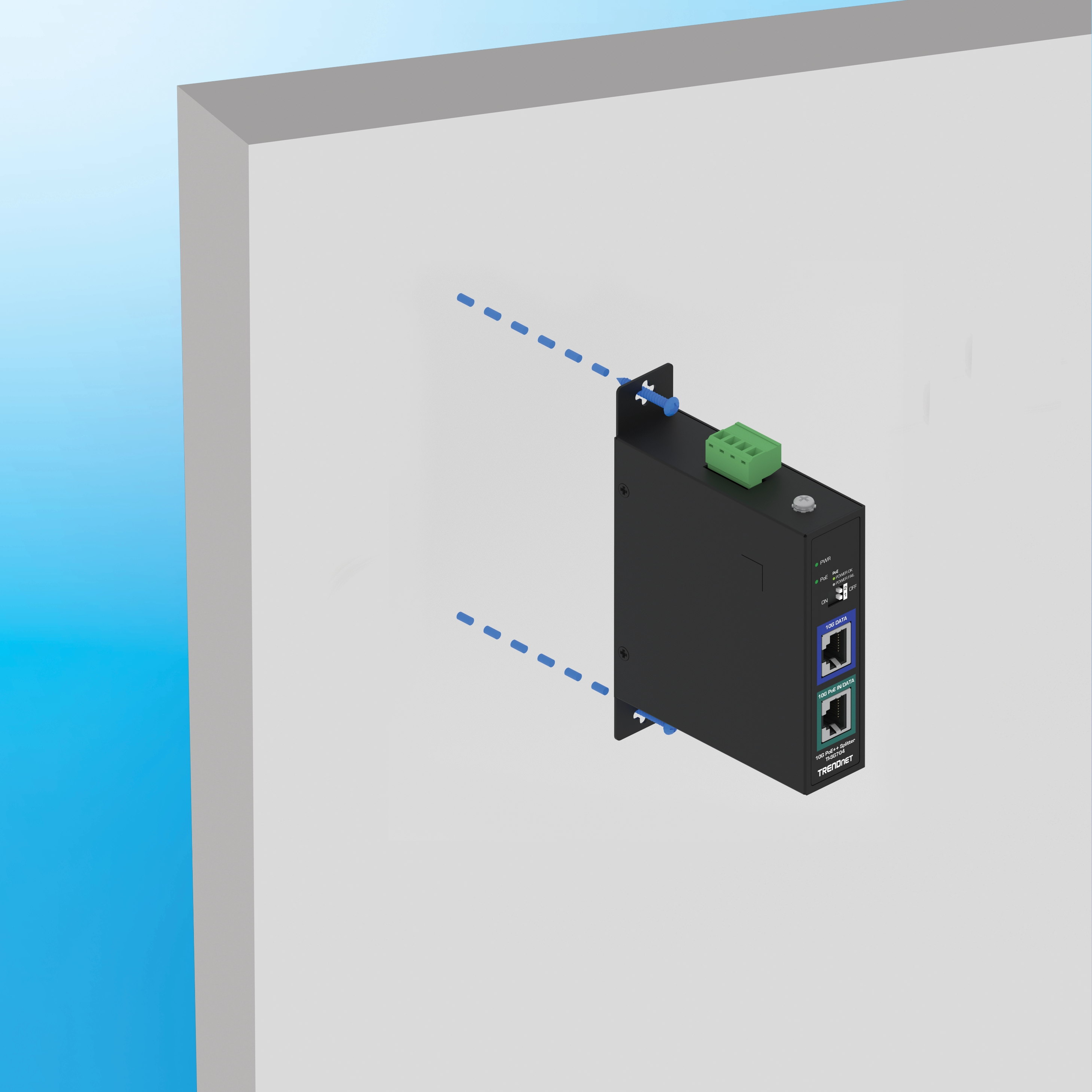 Black TRENDnet device mounted on a vertical surface with two Ethernet ports, green terminal block on top, and small LED indicator. Blue dashed lines show screws securing the mounting brackets to the wall. TRENDnet logo appears in the bottom right corner.