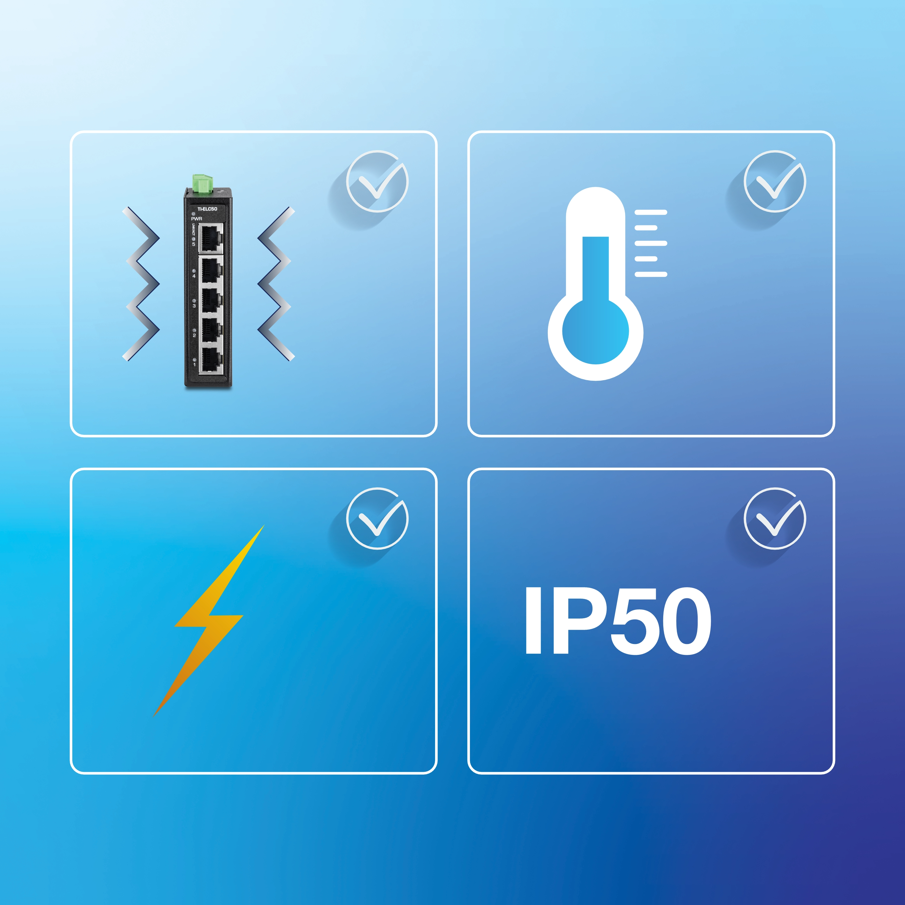 Four quadrants display device features with icons for vibration resistance, temperature tolerance, electrical protection, and IP50 dust protection, each marked with a check to indicate compliance.
