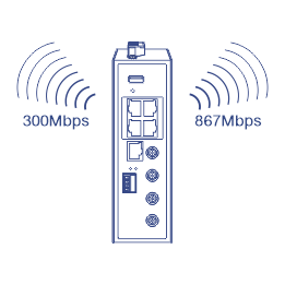 Arte de linha do Roteador Gigabit de Banda Dupla Sem Fio Industrial AC1200. Ele emite ondas de sinal de ambos os lados, sugerindo atividade sem fio. As ondas do lado esquerdo são rotuladas como '300 Mbps' e as ondas do lado direito são rotuladas como '867 Mbps', indicando diferentes velocidades de transmissão de dados.