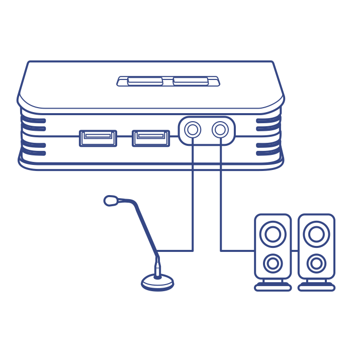Diagram of a connection with two speakers and a microphone, detailing their configuration with the KVM switch.
